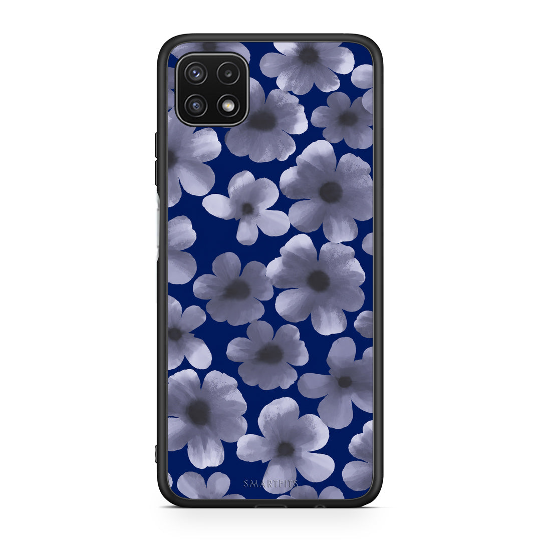 Θήκη Samsung Galaxy A22 5G Pale Blue Flowers on Navy από τη Smartfits με σχέδιο στο πίσω μέρος και μαύρο περίβλημα | Samsung Galaxy A22 5G Pale Blue Flowers on Navy case with colorful back and black bezels
