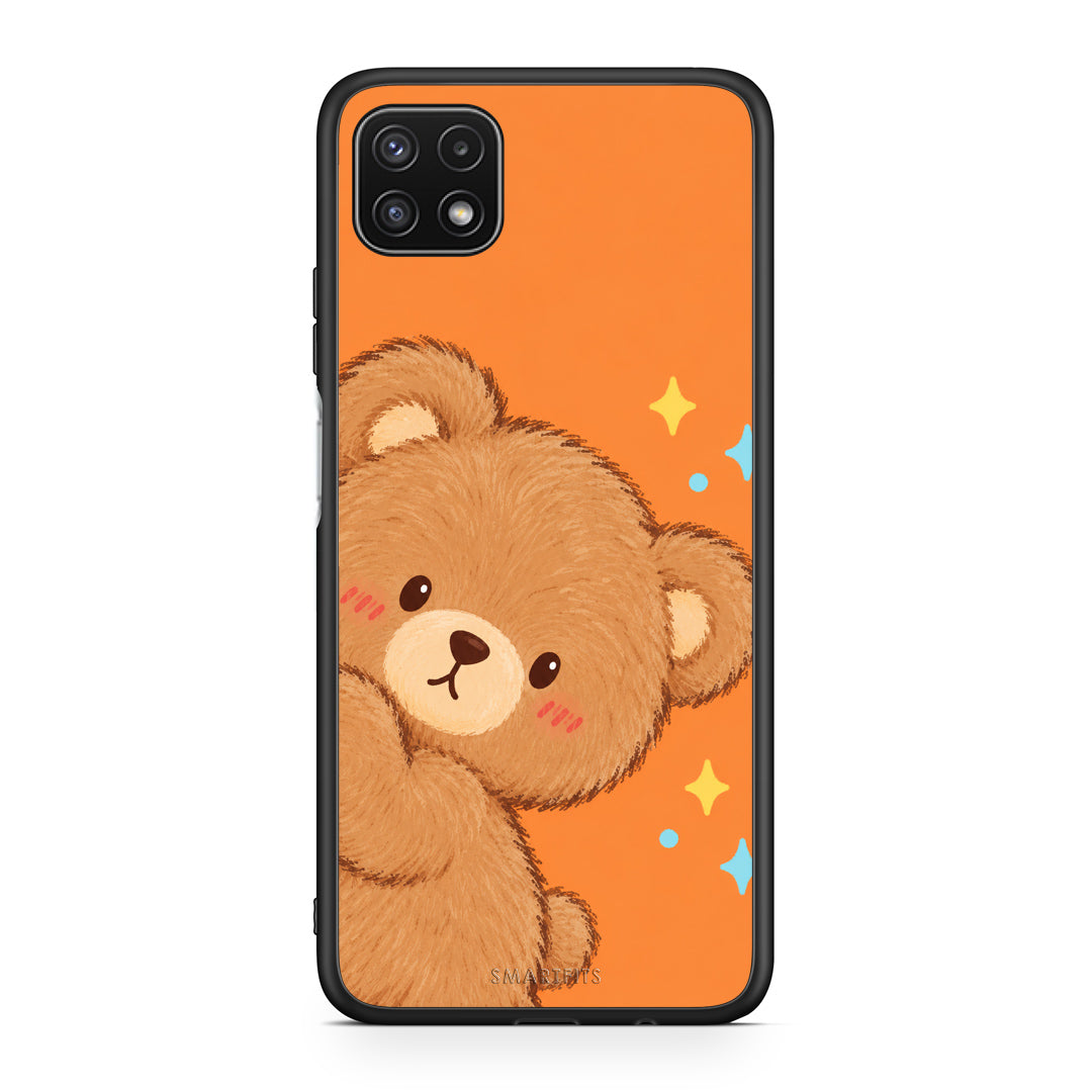 Θήκη Samsung Galaxy A22 5G Peekaboo Teddy on Orange από τη Smartfits με σχέδιο στο πίσω μέρος και μαύρο περίβλημα | Samsung Galaxy A22 5G Peekaboo Teddy on Orange case with colorful back and black bezels