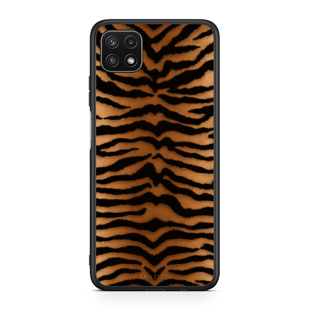 Θήκη Samsung Galaxy A22 5G Tiger Print Orange and Black από τη Smartfits με σχέδιο στο πίσω μέρος και μαύρο περίβλημα | Samsung Galaxy A22 5G Tiger Print Orange and Black case with colorful back and black bezels