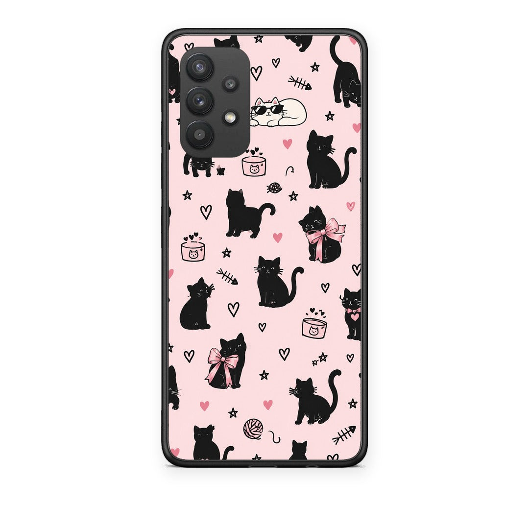 Θήκη Samsung Galaxy A32 4G Black Cat Doodles on Pink από τη Smartfits με σχέδιο στο πίσω μέρος και μαύρο περίβλημα | Samsung Galaxy A32 4G Black Cat Doodles on Pink case with colorful back and black bezels