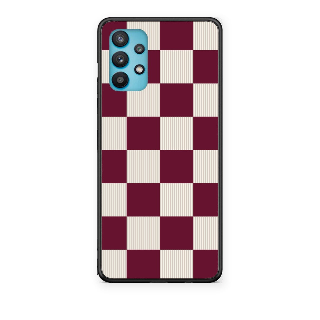 Θήκη Samsung Galaxy A32 5G Burgundy and Cream Striped Checks από τη Smartfits με σχέδιο στο πίσω μέρος και μαύρο περίβλημα | Samsung Galaxy A32 5G Burgundy and Cream Striped Checks case with colorful back and black bezels