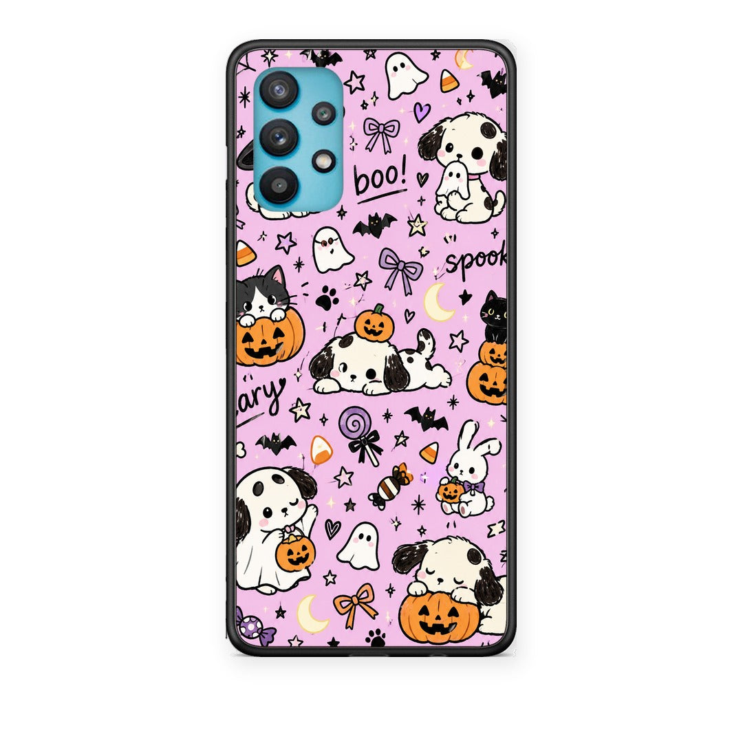 Θήκη Samsung Galaxy A32 5G Halloween Puppies and Friends on Lilac από τη Smartfits με σχέδιο στο πίσω μέρος και μαύρο περίβλημα | Samsung Galaxy A32 5G Halloween Puppies and Friends on Lilac case with colorful back and black bezels