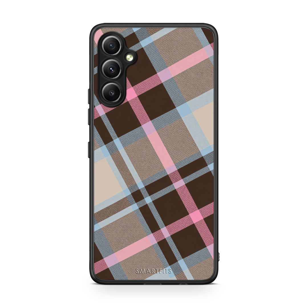Θήκη Samsung Galaxy A34 Brown Pink and Blue Diagonal Plaid από τη Smartfits με σχέδιο στο πίσω μέρος και μαύρο περίβλημα | Samsung Galaxy A34 Brown Pink and Blue Diagonal Plaid case with colorful back and black bezels