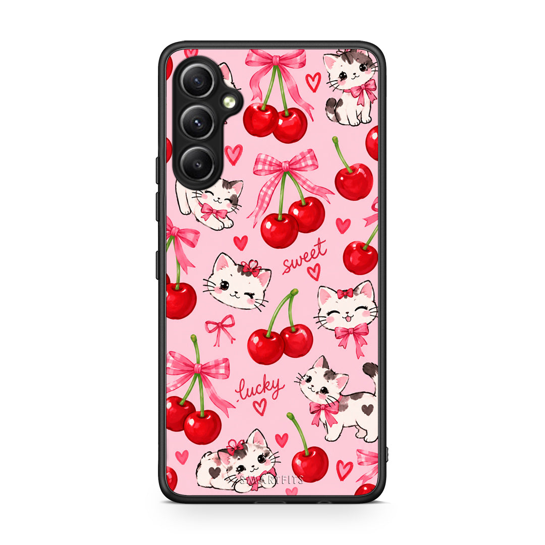 Θήκη Samsung Galaxy A34 Cherries Bows and Kittens on Pink από τη Smartfits με σχέδιο στο πίσω μέρος και μαύρο περίβλημα | Samsung Galaxy A34 Cherries Bows and Kittens on Pink case with colorful back and black bezels