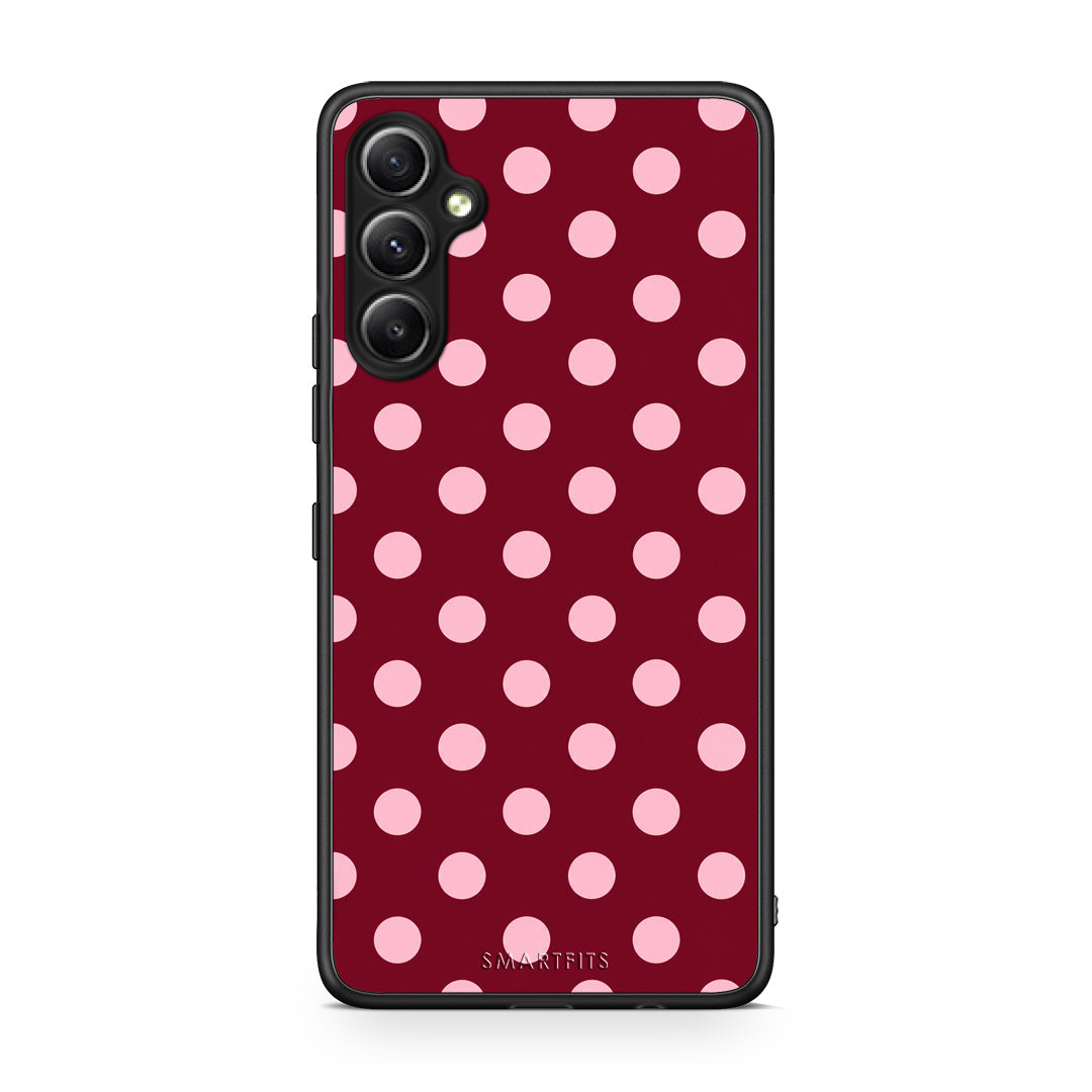 Θήκη Samsung Galaxy A34 Pink Polka Dots on Burgundy από τη Smartfits με σχέδιο στο πίσω μέρος και μαύρο περίβλημα | Samsung Galaxy A34 Pink Polka Dots on Burgundy case with colorful back and black bezels