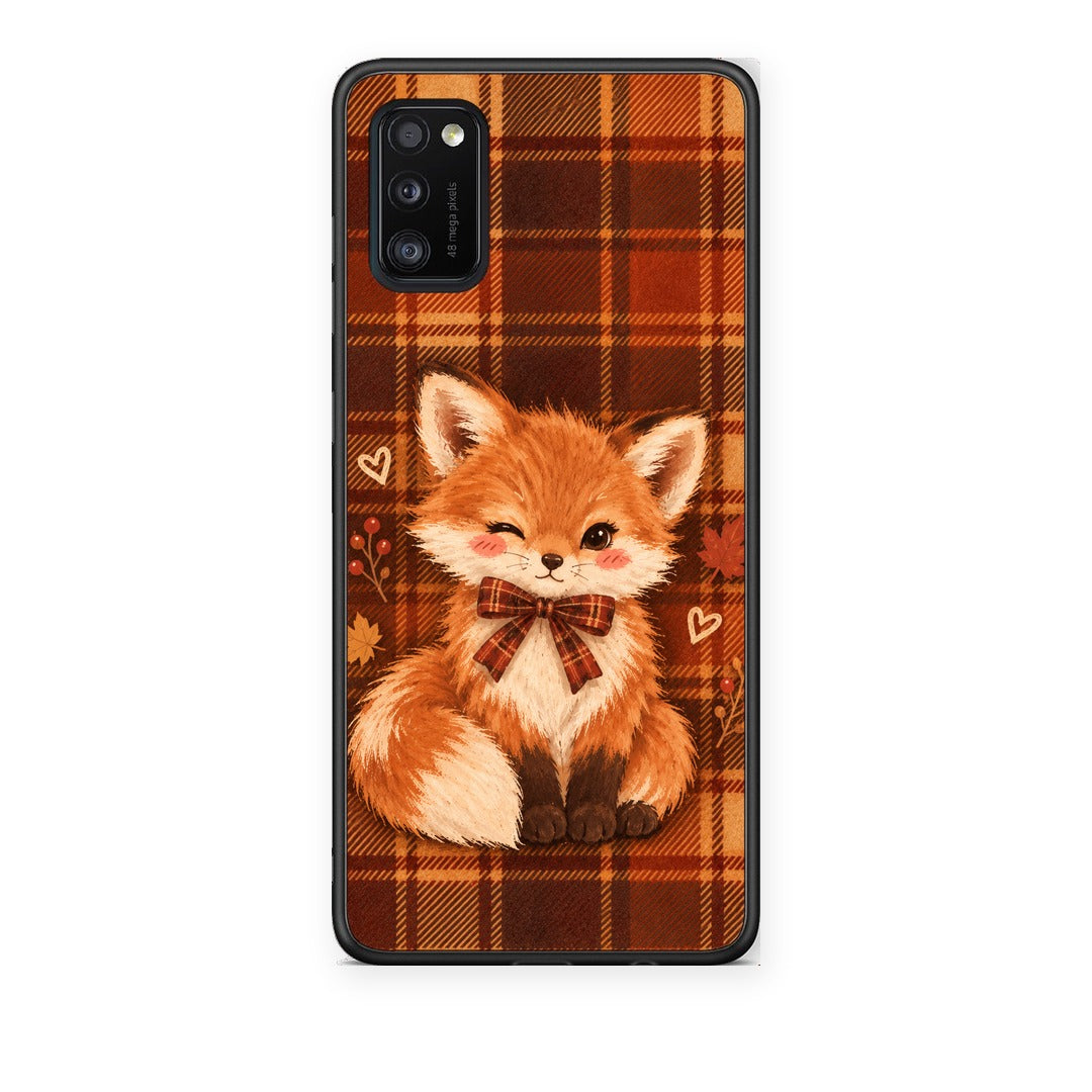 Θήκη Samsung Galaxy A41 Fox on Autumn Tartan από τη Smartfits με σχέδιο στο πίσω μέρος και μαύρο περίβλημα | Samsung Galaxy A41 Fox on Autumn Tartan case with colorful back and black bezels