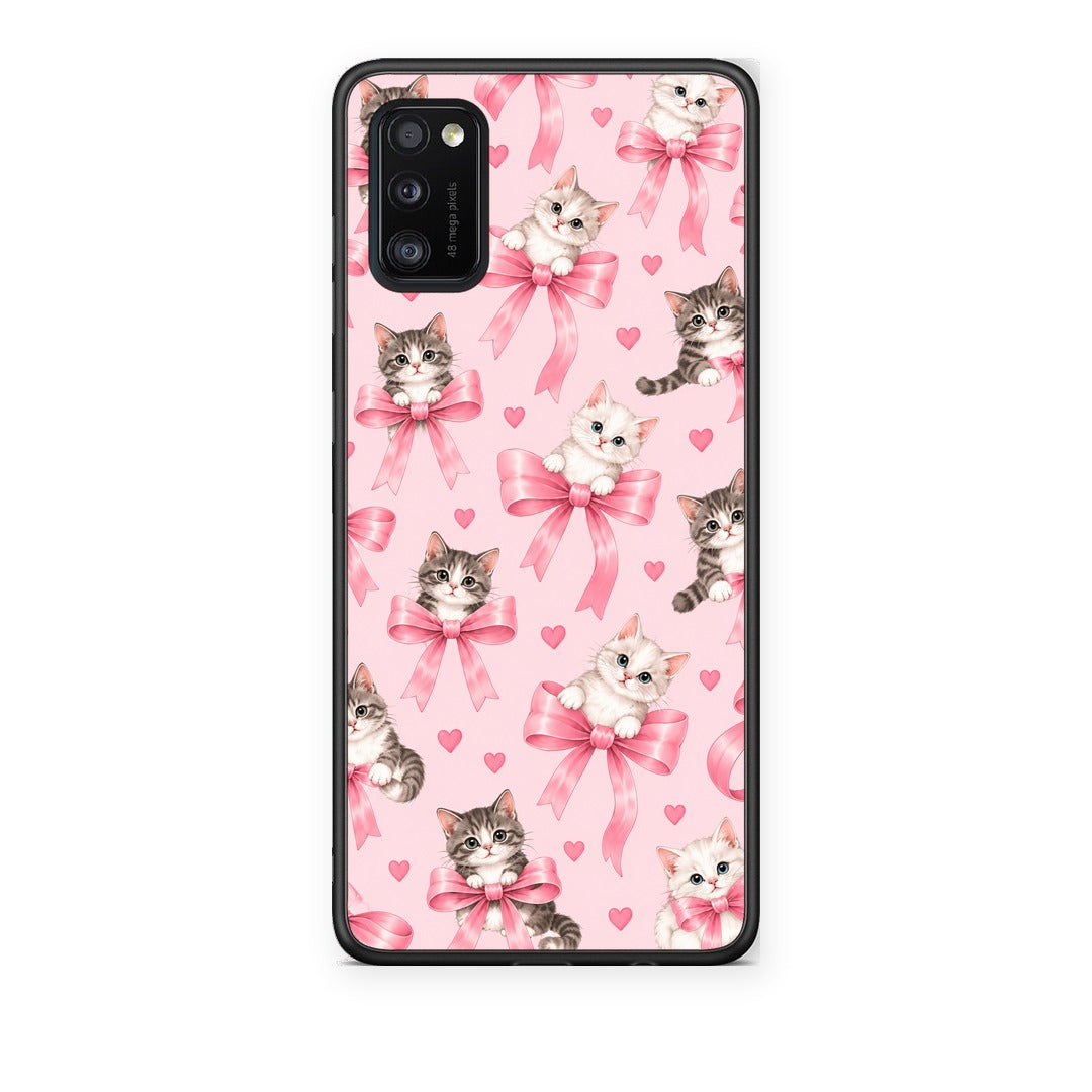 Θήκη Samsung Galaxy A41 Kittens and Pink Bows on Pink από τη Smartfits με σχέδιο στο πίσω μέρος και μαύρο περίβλημα | Samsung Galaxy A41 Kittens and Pink Bows on Pink case with colorful back and black bezels
