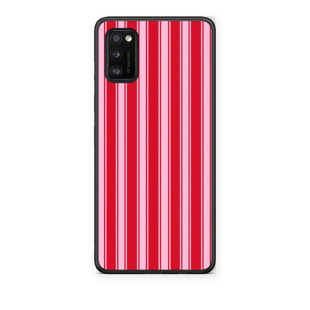 Θήκη Samsung Galaxy A41 Red and Pink Vertical Pinstripes από τη Smartfits με σχέδιο στο πίσω μέρος και μαύρο περίβλημα | Samsung Galaxy A41 Red and Pink Vertical Pinstripes case with colorful back and black bezels