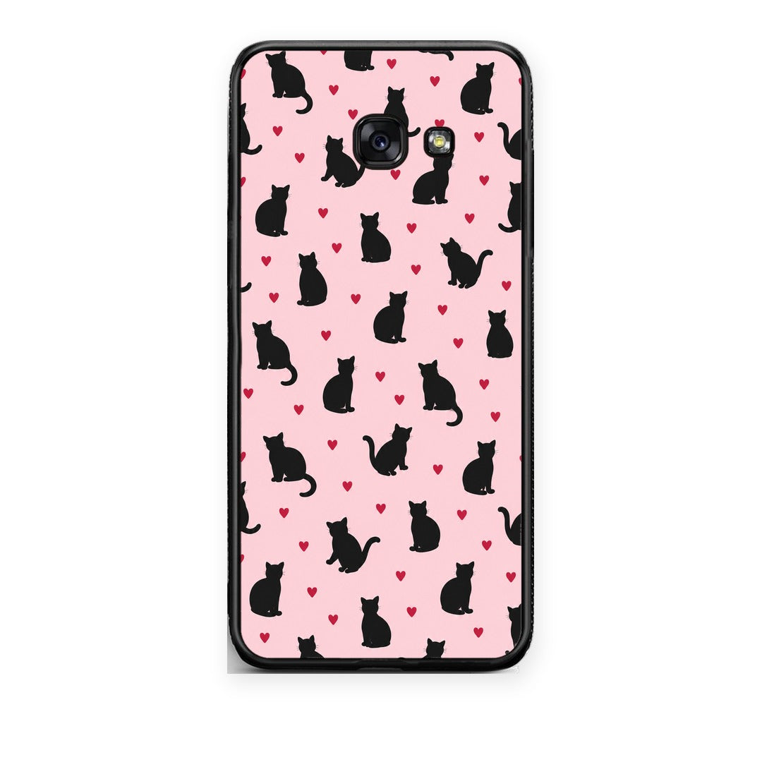 Θήκη Samsung Galaxy A5 2017 Black Cat Silhouettes and Hearts on Pink από τη Smartfits με σχέδιο στο πίσω μέρος και μαύρο περίβλημα | Samsung Galaxy A5 2017 Black Cat Silhouettes and Hearts on Pink case with colorful back and black bezels