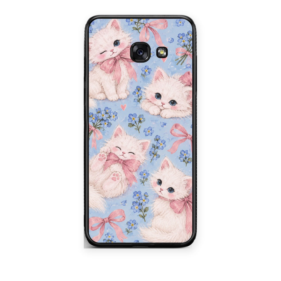 Θήκη Samsung Galaxy A5 2017 White Kittens and Blue Flowers Large από τη Smartfits με σχέδιο στο πίσω μέρος και μαύρο περίβλημα | Samsung Galaxy A5 2017 White Kittens and Blue Flowers Large case with colorful back and black bezels
