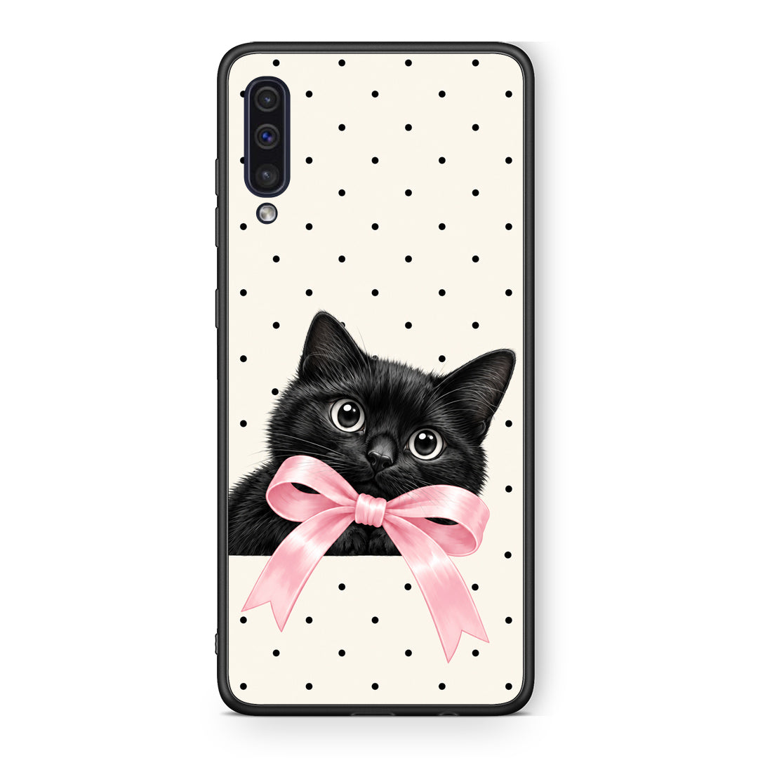 Θήκη Samsung Galaxy A50 / A30s Black Kitten Pink Bow and Polka Dots από τη Smartfits με σχέδιο στο πίσω μέρος και μαύρο περίβλημα | Samsung Galaxy A50 / A30s Black Kitten Pink Bow and Polka Dots case with colorful back and black bezels