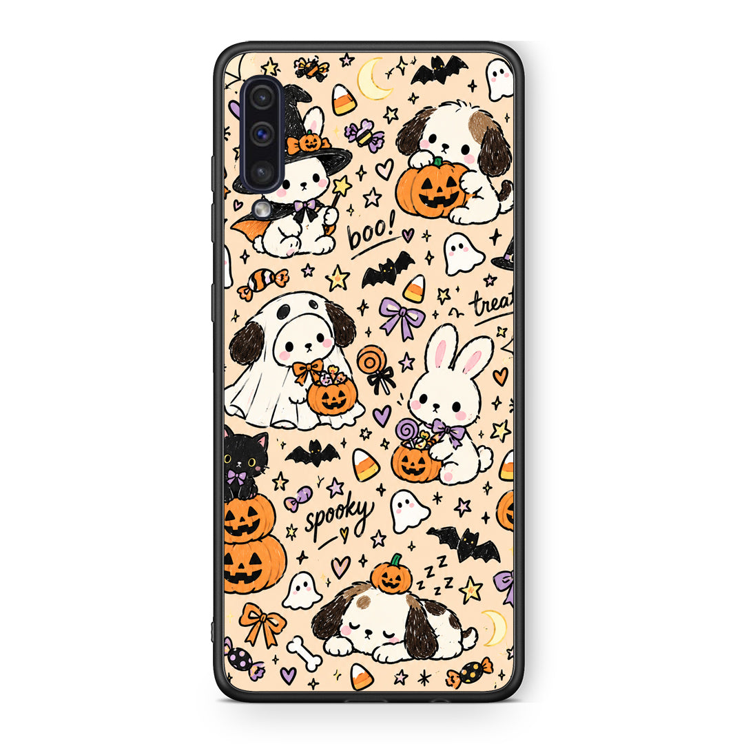 Θήκη Samsung Galaxy A50 / A30s Halloween Puppies and Friends on Cream από τη Smartfits με σχέδιο στο πίσω μέρος και μαύρο περίβλημα | Samsung Galaxy A50 / A30s Halloween Puppies and Friends on Cream case with colorful back and black bezels