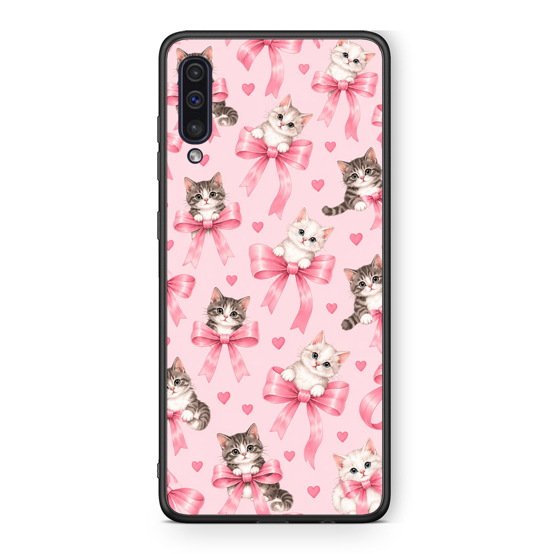 Θήκη Samsung Galaxy A50 / A30s Kittens and Pink Bows on Pink από τη Smartfits με σχέδιο στο πίσω μέρος και μαύρο περίβλημα | Samsung Galaxy A50 / A30s Kittens and Pink Bows on Pink case with colorful back and black bezels