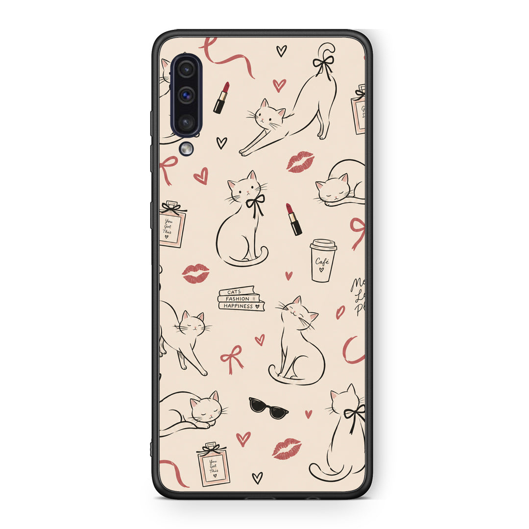 Θήκη Samsung Galaxy A50 / A30s Minimal Cat and Fashion Doodles on Cream από τη Smartfits με σχέδιο στο πίσω μέρος και μαύρο περίβλημα | Samsung Galaxy A50 / A30s Minimal Cat and Fashion Doodles on Cream case with colorful back and black bezels
