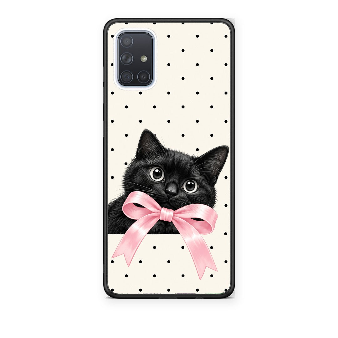 Θήκη Samsung Galaxy A51 Black Kitten Pink Bow and Polka Dots από τη Smartfits με σχέδιο στο πίσω μέρος και μαύρο περίβλημα | Samsung Galaxy A51 Black Kitten Pink Bow and Polka Dots case with colorful back and black bezels