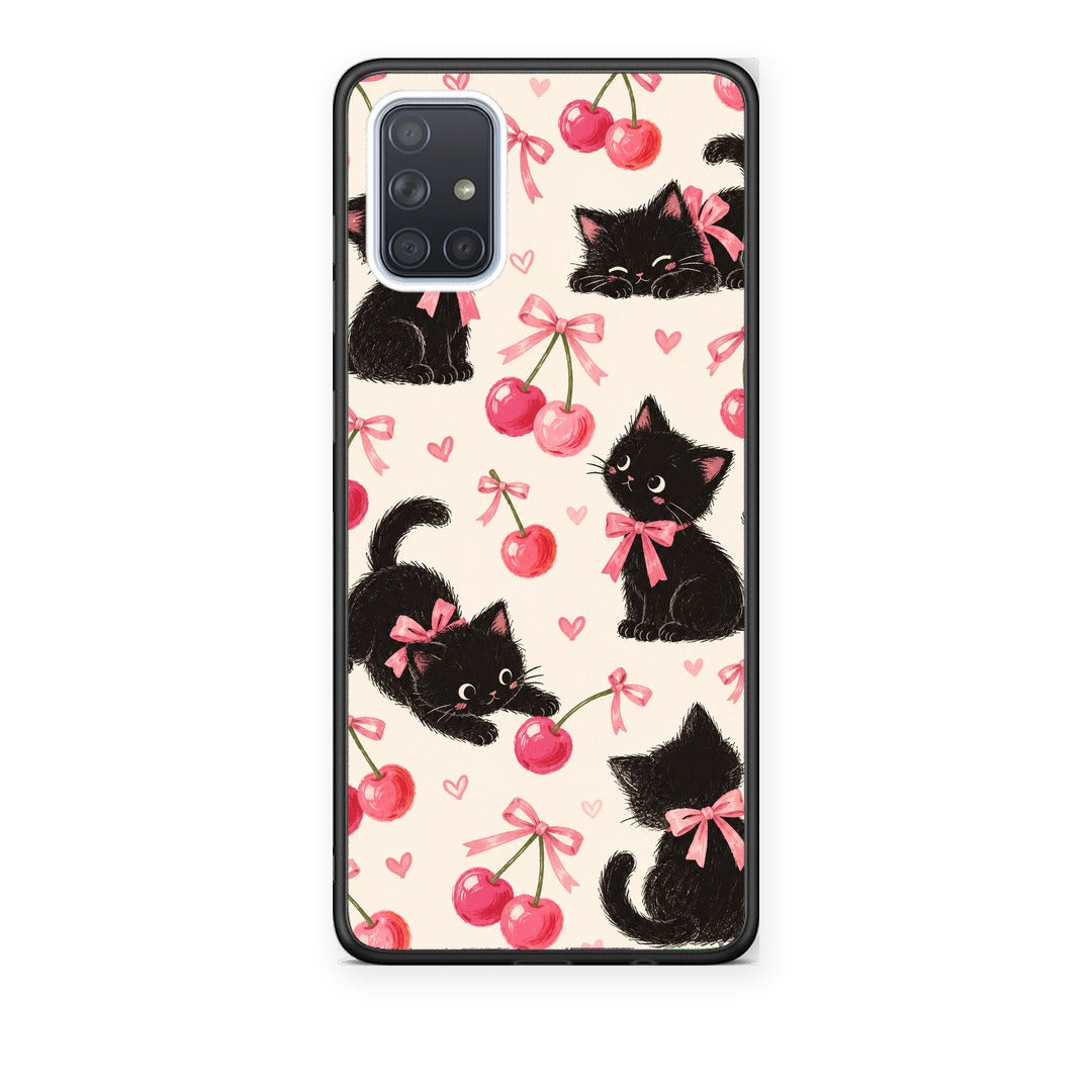 Θήκη Samsung Galaxy A51 Black Kittens and Cherries on Cream από τη Smartfits με σχέδιο στο πίσω μέρος και μαύρο περίβλημα | Samsung Galaxy A51 Black Kittens and Cherries on Cream case with colorful back and black bezels