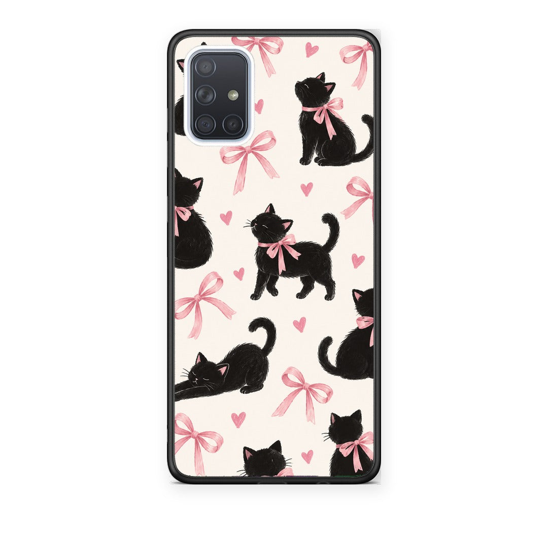 Θήκη Samsung Galaxy A51 Black Kittens and Pink Bows on Cream Large από τη Smartfits με σχέδιο στο πίσω μέρος και μαύρο περίβλημα | Samsung Galaxy A51 Black Kittens and Pink Bows on Cream Large case with colorful back and black bezels