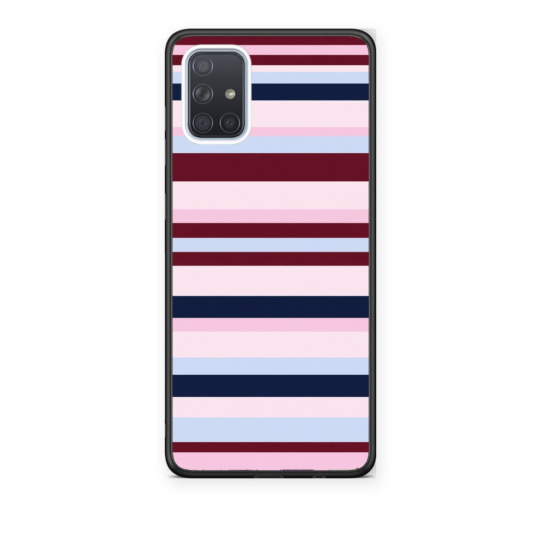 Θήκη Samsung Galaxy A51 Burgundy Pink and Blue Horizontal Stripes από τη Smartfits με σχέδιο στο πίσω μέρος και μαύρο περίβλημα | Samsung Galaxy A51 Burgundy Pink and Blue Horizontal Stripes case with colorful back and black bezels
