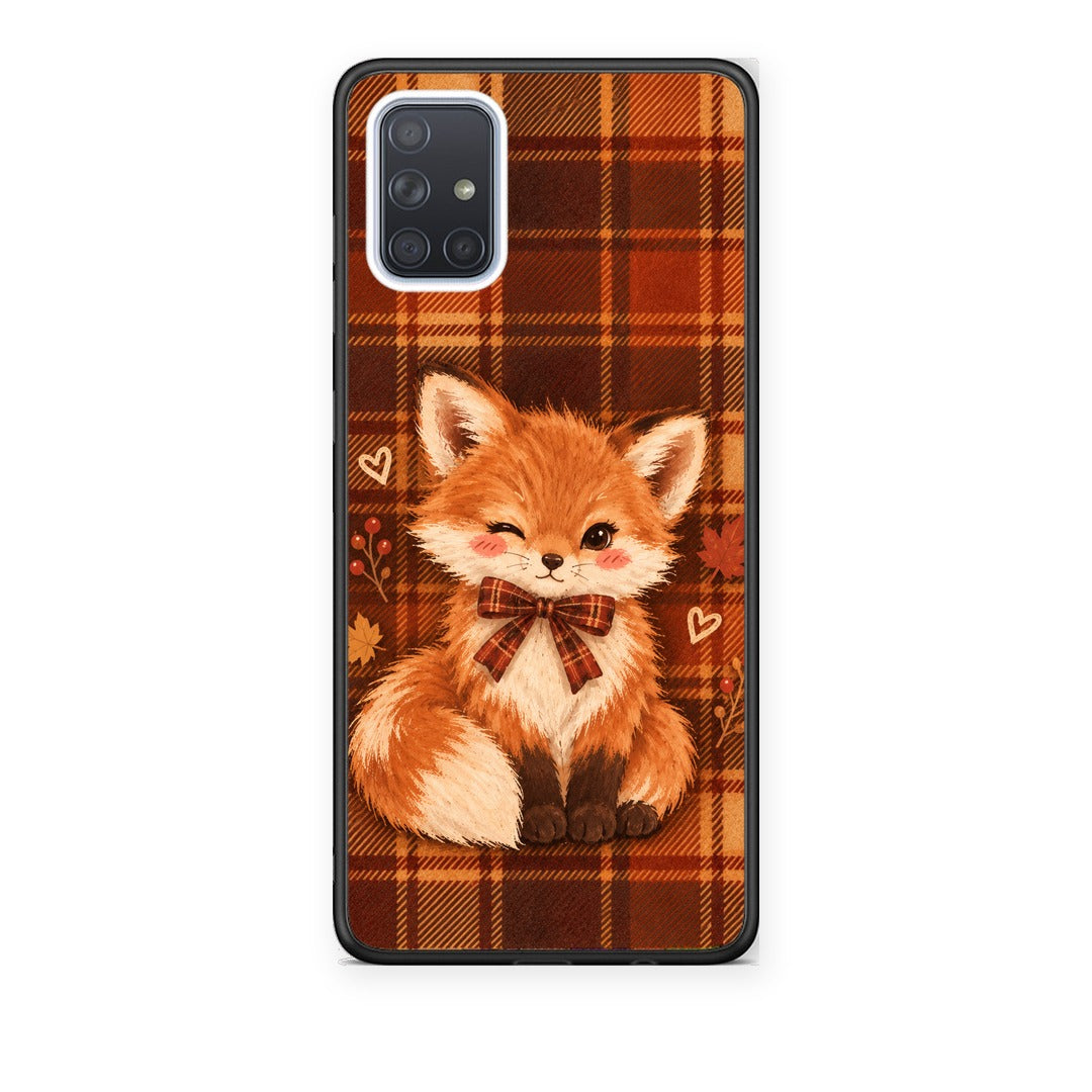 Θήκη Samsung Galaxy A51 Fox on Autumn Tartan από τη Smartfits με σχέδιο στο πίσω μέρος και μαύρο περίβλημα | Samsung Galaxy A51 Fox on Autumn Tartan case with colorful back and black bezels