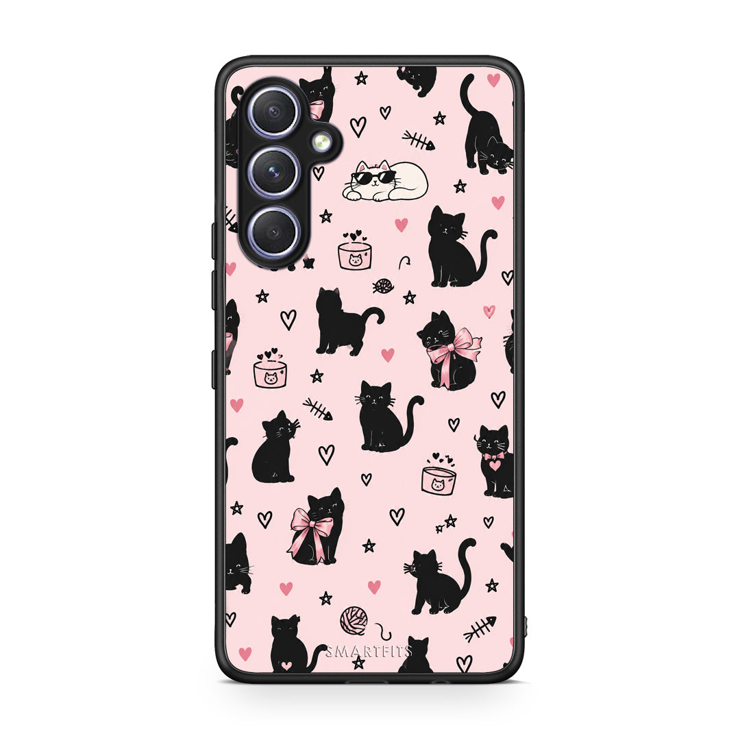 Θήκη Samsung Galaxy A54 Black Cat Doodles on Pink από τη Smartfits με σχέδιο στο πίσω μέρος και μαύρο περίβλημα | Samsung Galaxy A54 Black Cat Doodles on Pink case with colorful back and black bezels