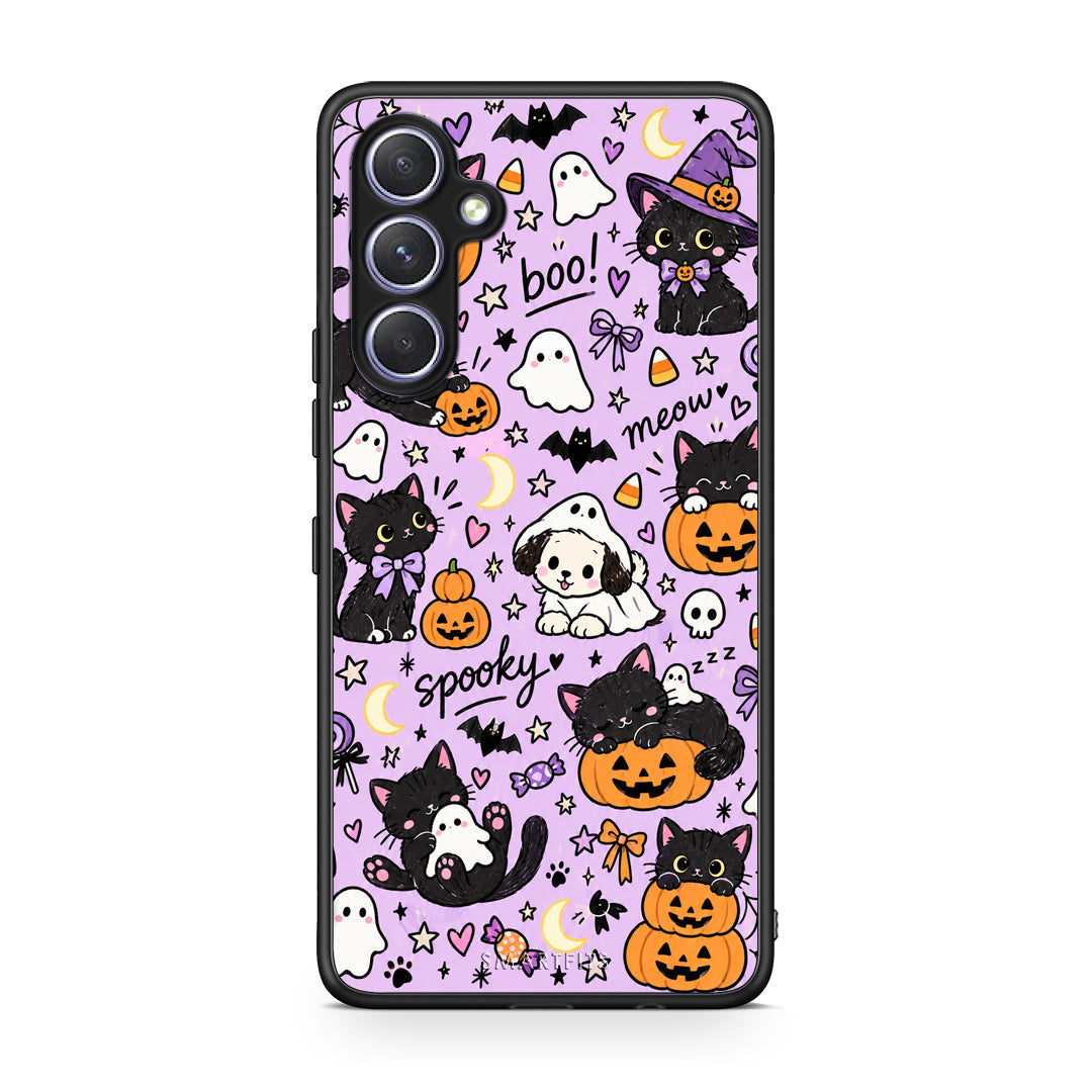 Θήκη Samsung Galaxy A54 Halloween Black Cats on Lilac από τη Smartfits με σχέδιο στο πίσω μέρος και μαύρο περίβλημα | Samsung Galaxy A54 Halloween Black Cats on Lilac case with colorful back and black bezels