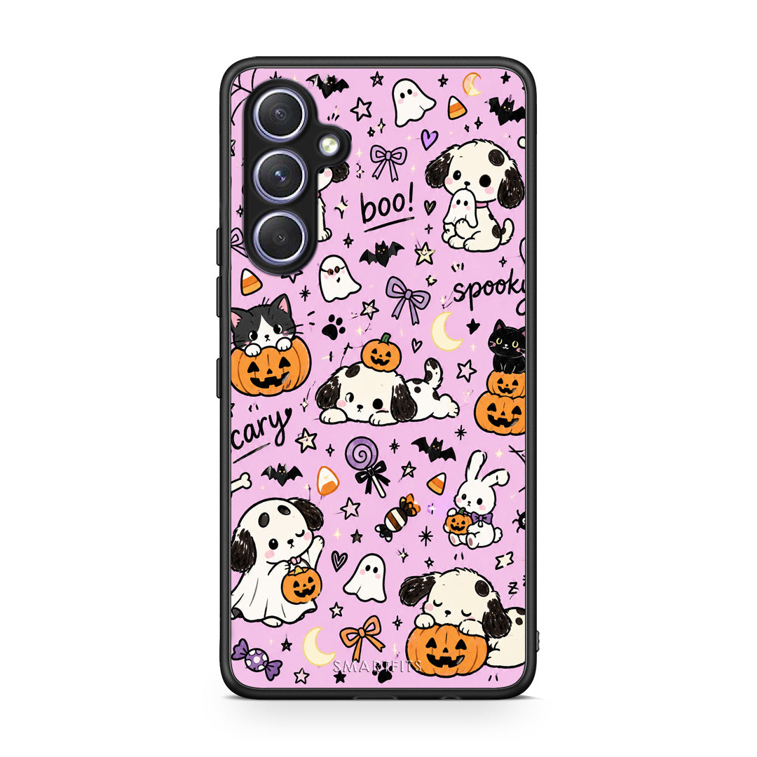 Θήκη Samsung Galaxy A54 Halloween Puppies and Friends on Lilac από τη Smartfits με σχέδιο στο πίσω μέρος και μαύρο περίβλημα | Samsung Galaxy A54 Halloween Puppies and Friends on Lilac case with colorful back and black bezels