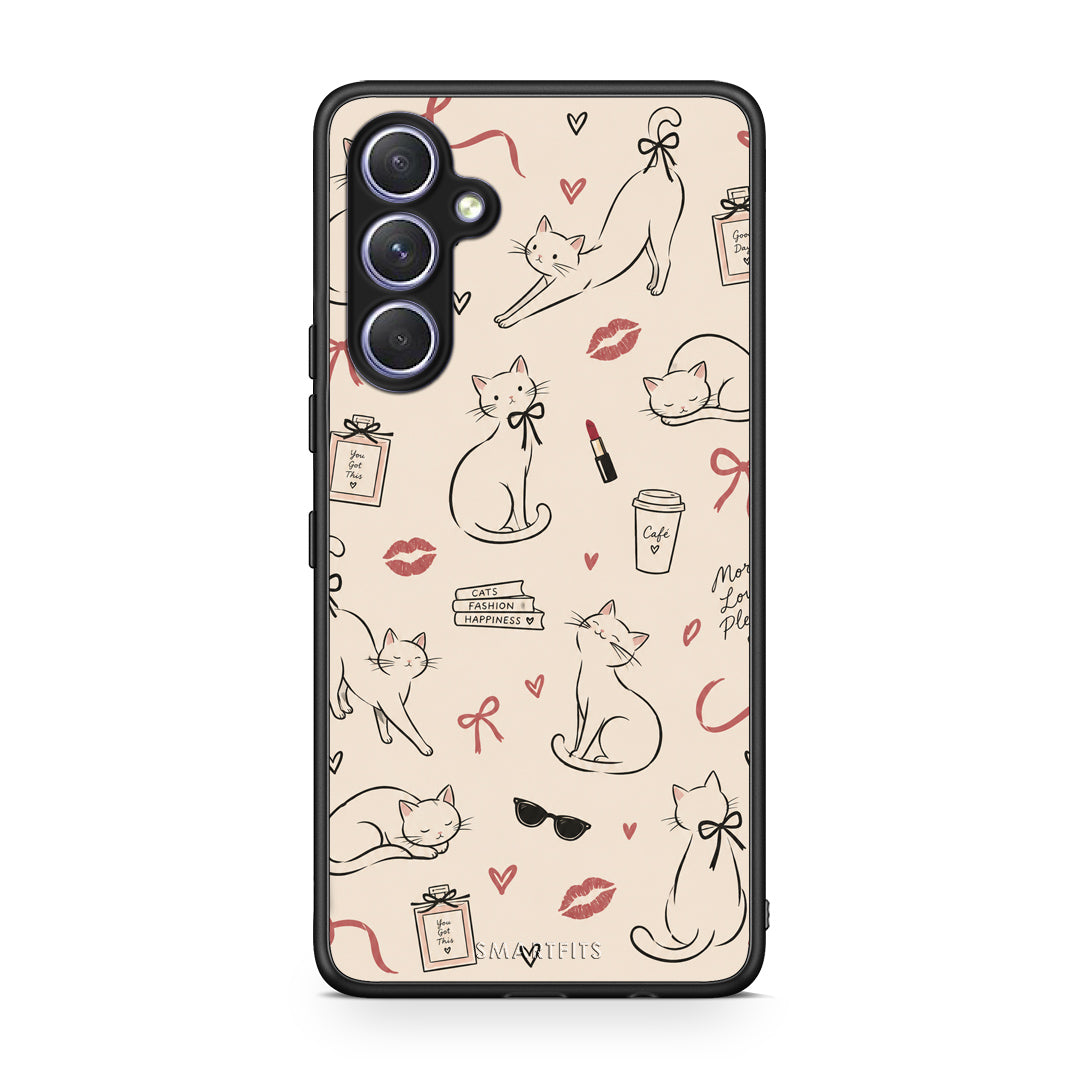 Θήκη Samsung Galaxy A54 Minimal Cat and Fashion Doodles on Cream από τη Smartfits με σχέδιο στο πίσω μέρος και μαύρο περίβλημα | Samsung Galaxy A54 Minimal Cat and Fashion Doodles on Cream case with colorful back and black bezels