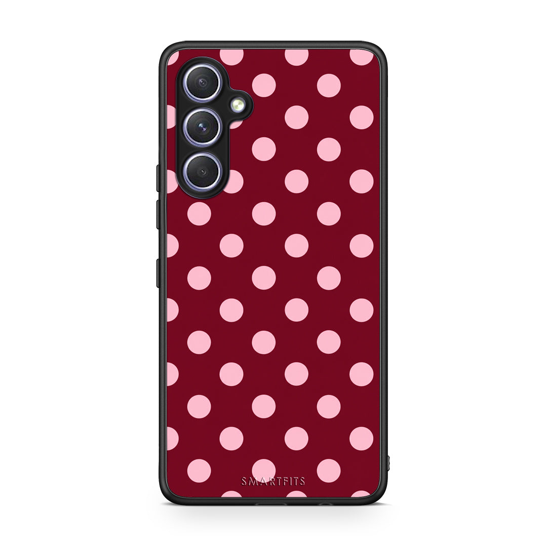 Θήκη Samsung Galaxy A54 Pink Polka Dots on Burgundy από τη Smartfits με σχέδιο στο πίσω μέρος και μαύρο περίβλημα | Samsung Galaxy A54 Pink Polka Dots on Burgundy case with colorful back and black bezels