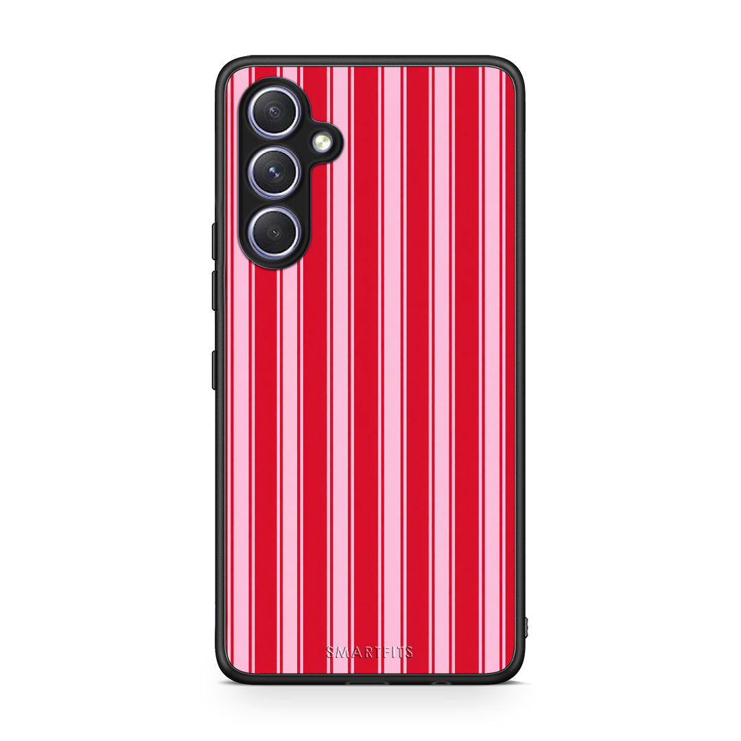 Θήκη Samsung Galaxy A54 Red and Pink Vertical Pinstripes από τη Smartfits με σχέδιο στο πίσω μέρος και μαύρο περίβλημα | Samsung Galaxy A54 Red and Pink Vertical Pinstripes case with colorful back and black bezels