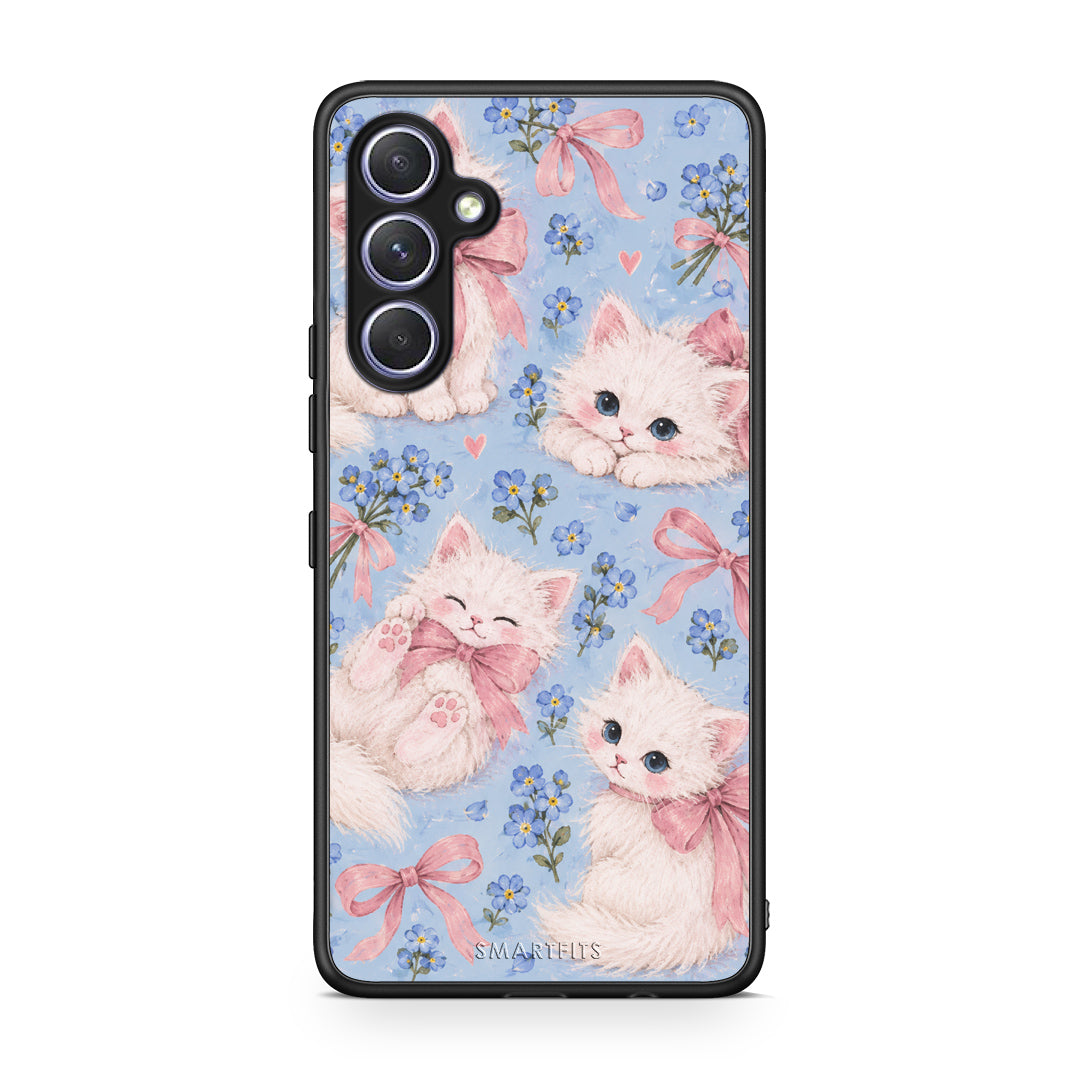 Θήκη Samsung Galaxy A54 White Kittens and Blue Flowers Large από τη Smartfits με σχέδιο στο πίσω μέρος και μαύρο περίβλημα | Samsung Galaxy A54 White Kittens and Blue Flowers Large case with colorful back and black bezels