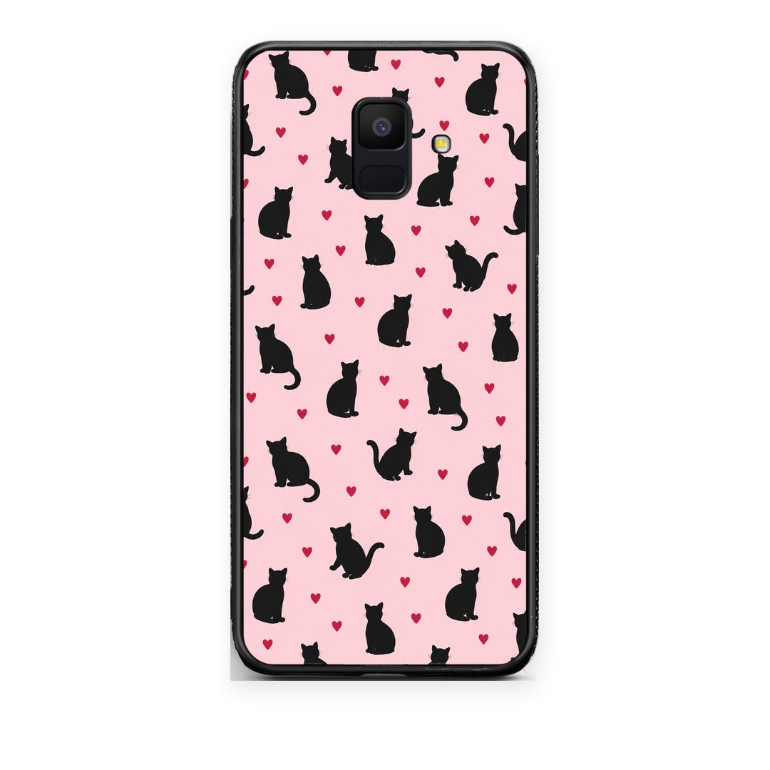 Θήκη Samsung Galaxy A6 2018 Black Cat Silhouettes and Hearts on Pink από τη Smartfits με σχέδιο στο πίσω μέρος και μαύρο περίβλημα | Samsung Galaxy A6 2018 Black Cat Silhouettes and Hearts on Pink case with colorful back and black bezels
