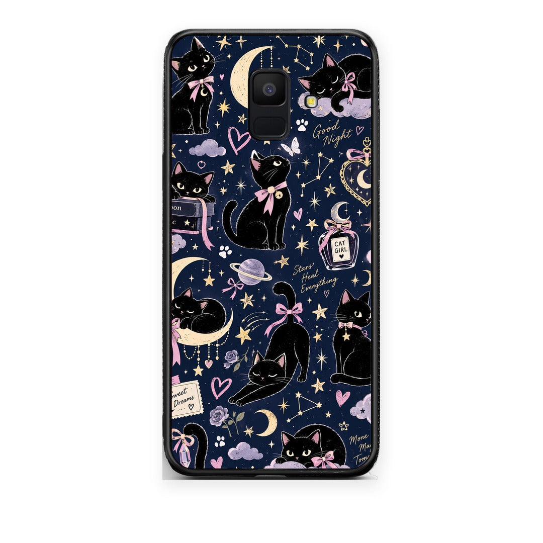 Θήκη Samsung Galaxy A6 2018 Celestial Black Cats on Navy από τη Smartfits με σχέδιο στο πίσω μέρος και μαύρο περίβλημα | Samsung Galaxy A6 2018 Celestial Black Cats on Navy case with colorful back and black bezels