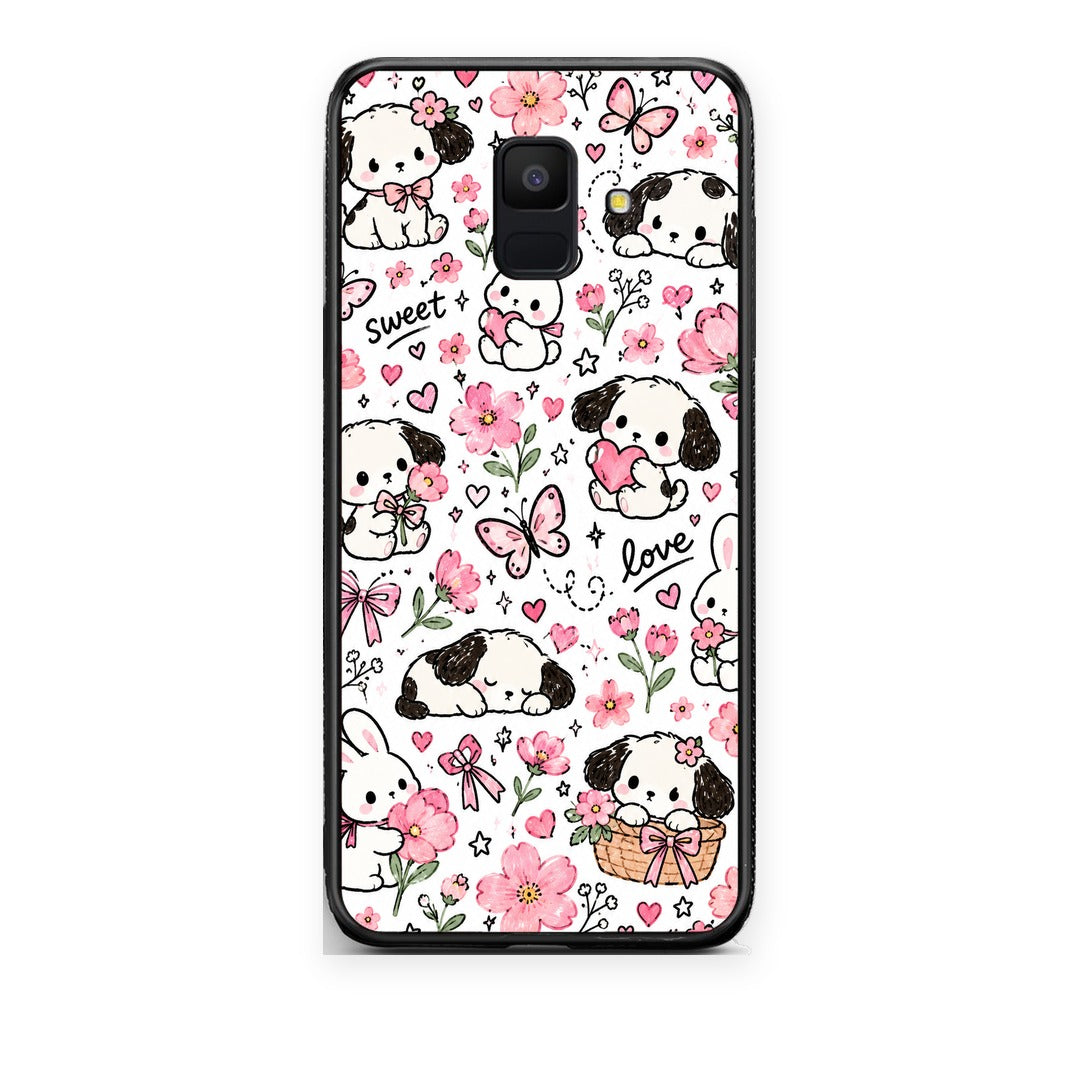 Θήκη Samsung Galaxy A6 2018 Pink Florals Puppies and Bunnies on White από τη Smartfits με σχέδιο στο πίσω μέρος και μαύρο περίβλημα | Samsung Galaxy A6 2018 Pink Florals Puppies and Bunnies on White case with colorful back and black bezels
