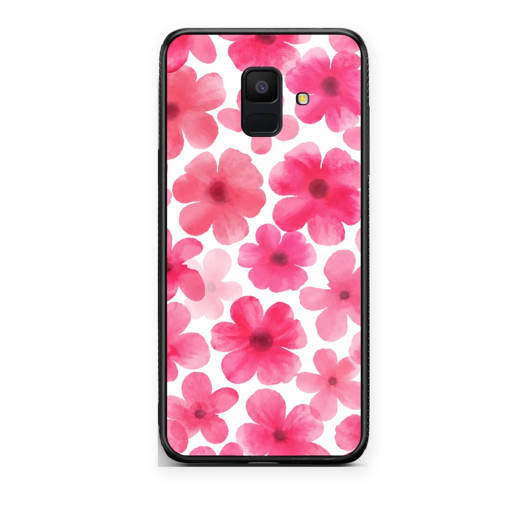 Θήκη Samsung Galaxy A6 2018 Pink Watercolour Flowers on White από τη Smartfits με σχέδιο στο πίσω μέρος και μαύρο περίβλημα | Samsung Galaxy A6 2018 Pink Watercolour Flowers on White case with colorful back and black bezels