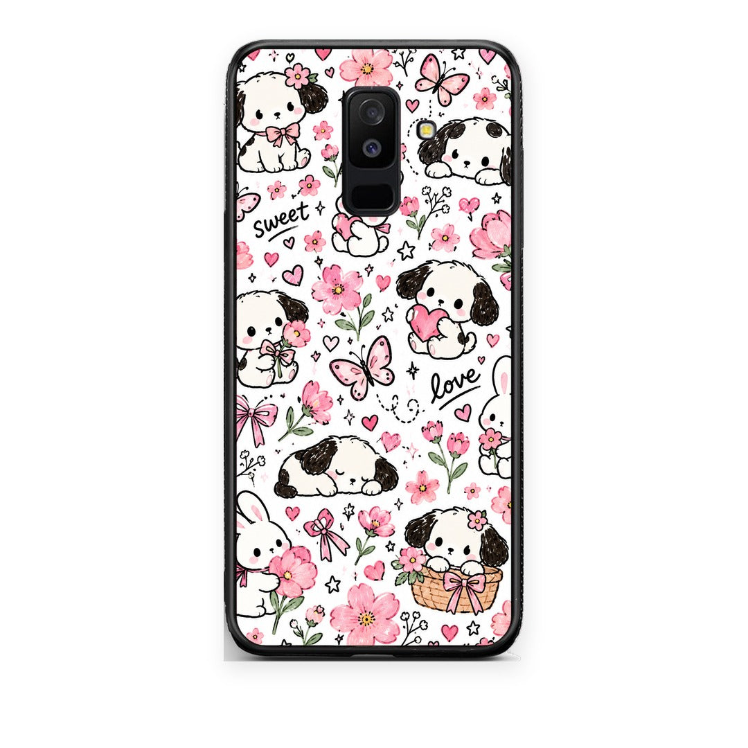 Θήκη Samsung Galaxy A6+ 2018 Pink Florals Puppies and Bunnies on White από τη Smartfits με σχέδιο στο πίσω μέρος και μαύρο περίβλημα | Samsung Galaxy A6+ 2018 Pink Florals Puppies and Bunnies on White case with colorful back and black bezels