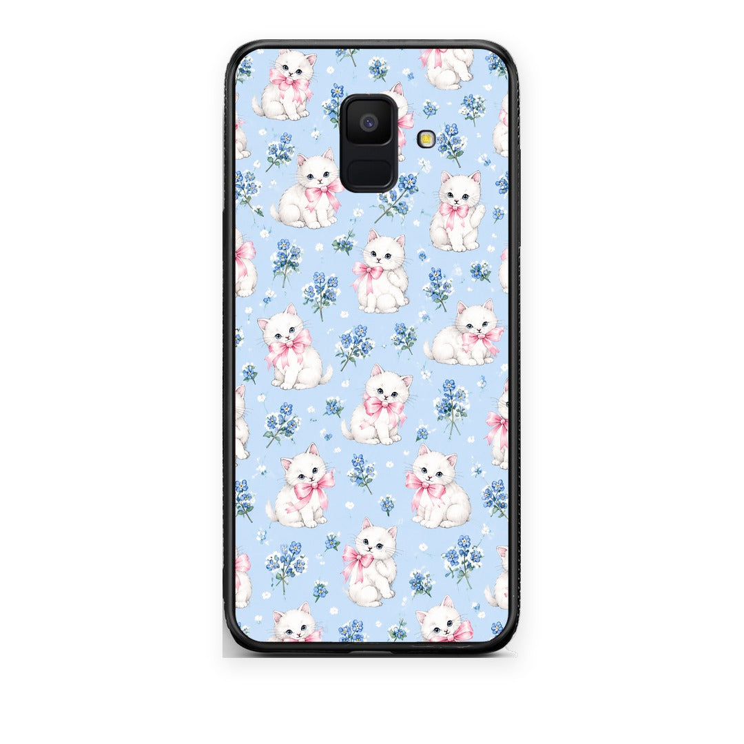 Θήκη Samsung Galaxy A6 2018 White Kittens and Blue Flowers Small από τη Smartfits με σχέδιο στο πίσω μέρος και μαύρο περίβλημα | Samsung Galaxy A6 2018 White Kittens and Blue Flowers Small case with colorful back and black bezels