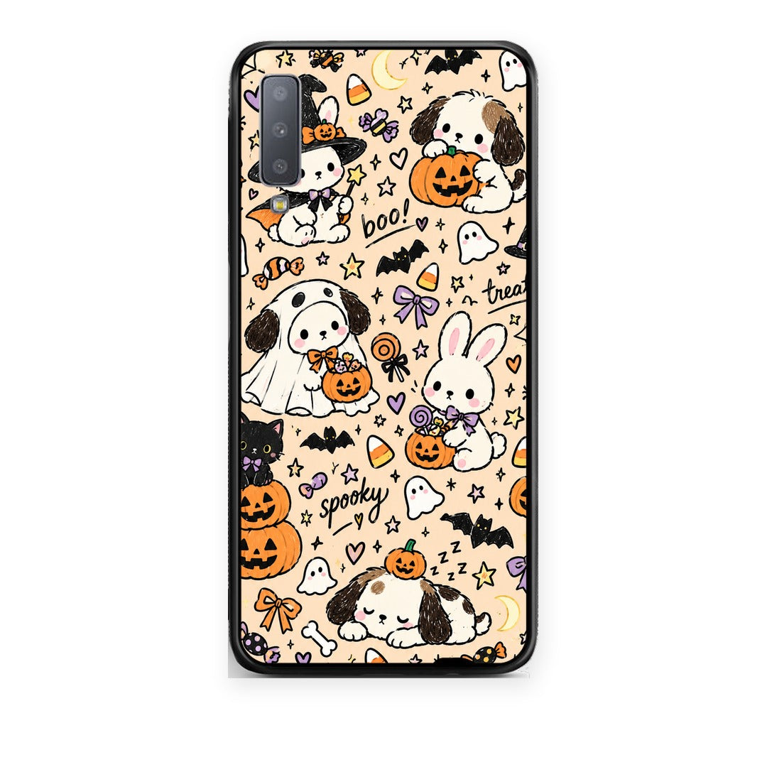 Θήκη Samsung Galaxy A7 2018 Halloween Puppies and Friends on Cream από τη Smartfits με σχέδιο στο πίσω μέρος και μαύρο περίβλημα | Samsung Galaxy A7 2018 Halloween Puppies and Friends on Cream case with colorful back and black bezels