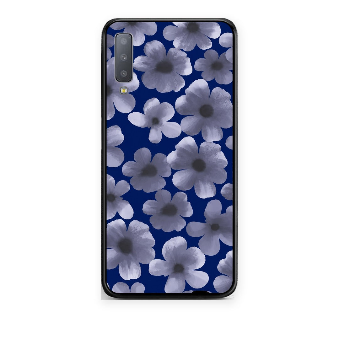 Θήκη Samsung Galaxy A7 2018 Pale Blue Flowers on Navy από τη Smartfits με σχέδιο στο πίσω μέρος και μαύρο περίβλημα | Samsung Galaxy A7 2018 Pale Blue Flowers on Navy case with colorful back and black bezels