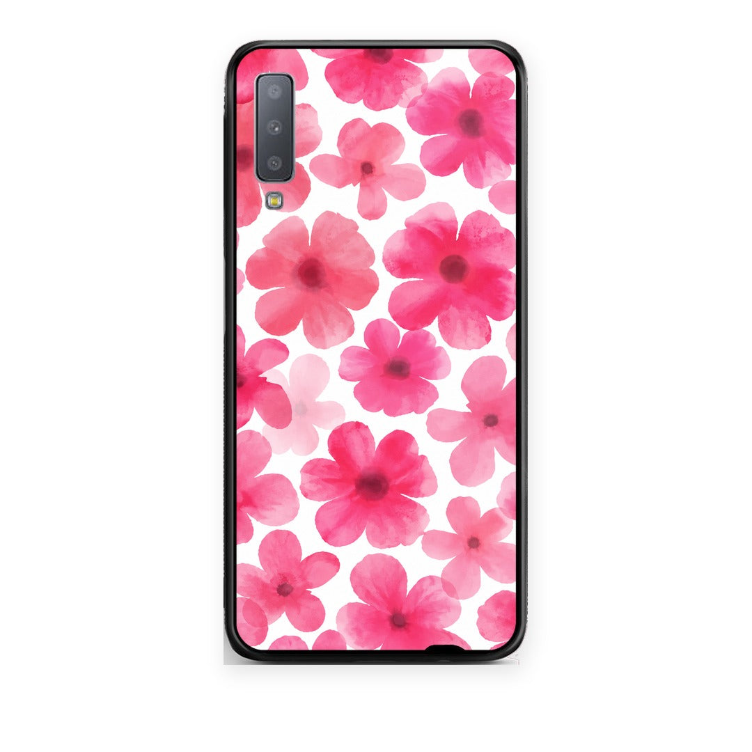 Θήκη Samsung Galaxy A7 2018 Pink Watercolour Flowers on White από τη Smartfits με σχέδιο στο πίσω μέρος και μαύρο περίβλημα | Samsung Galaxy A7 2018 Pink Watercolour Flowers on White case with colorful back and black bezels