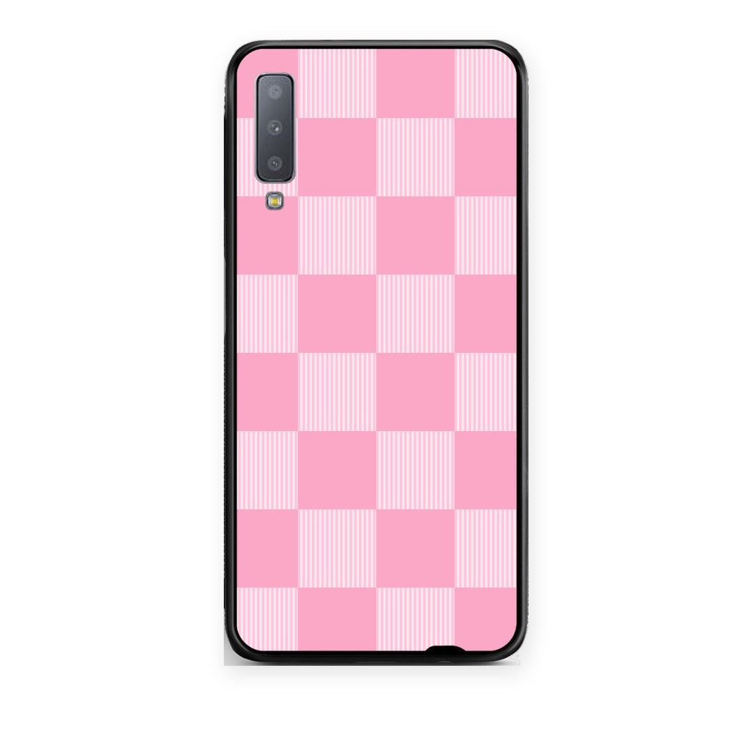 Θήκη Samsung Galaxy A7 2018 Pink and White Striped Checks από τη Smartfits με σχέδιο στο πίσω μέρος και μαύρο περίβλημα | Samsung Galaxy A7 2018 Pink and White Striped Checks case with colorful back and black bezels