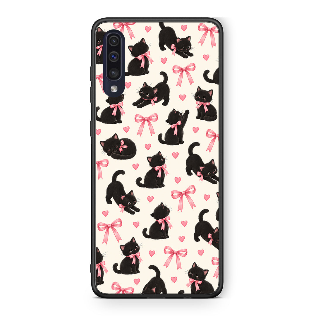 Θήκη Samsung Galaxy A70 Black Kittens and Pink Bows on Cream Small από τη Smartfits με σχέδιο στο πίσω μέρος και μαύρο περίβλημα | Samsung Galaxy A70 Black Kittens and Pink Bows on Cream Small case with colorful back and black bezels