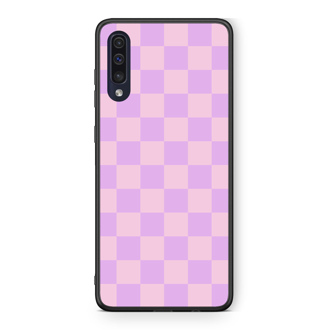 Θήκη Samsung Galaxy A70 Lavender and Pink Checkerboard από τη Smartfits με σχέδιο στο πίσω μέρος και μαύρο περίβλημα | Samsung Galaxy A70 Lavender and Pink Checkerboard case with colorful back and black bezels