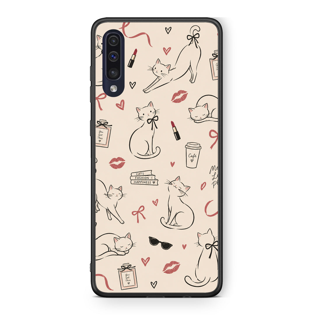 Θήκη Samsung Galaxy A70 Minimal Cat and Fashion Doodles on Cream από τη Smartfits με σχέδιο στο πίσω μέρος και μαύρο περίβλημα | Samsung Galaxy A70 Minimal Cat and Fashion Doodles on Cream case with colorful back and black bezels