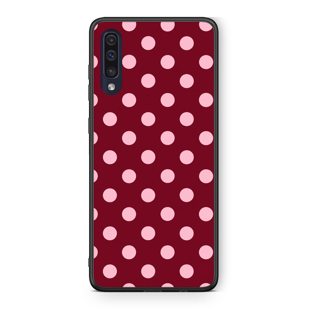 Θήκη Samsung Galaxy A70 Pink Polka Dots on Burgundy από τη Smartfits με σχέδιο στο πίσω μέρος και μαύρο περίβλημα | Samsung Galaxy A70 Pink Polka Dots on Burgundy case with colorful back and black bezels