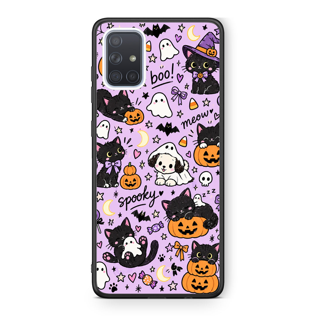 Θήκη Samsung Galaxy A71 Halloween Black Cats on Lilac από τη Smartfits με σχέδιο στο πίσω μέρος και μαύρο περίβλημα | Samsung Galaxy A71 Halloween Black Cats on Lilac case with colorful back and black bezels