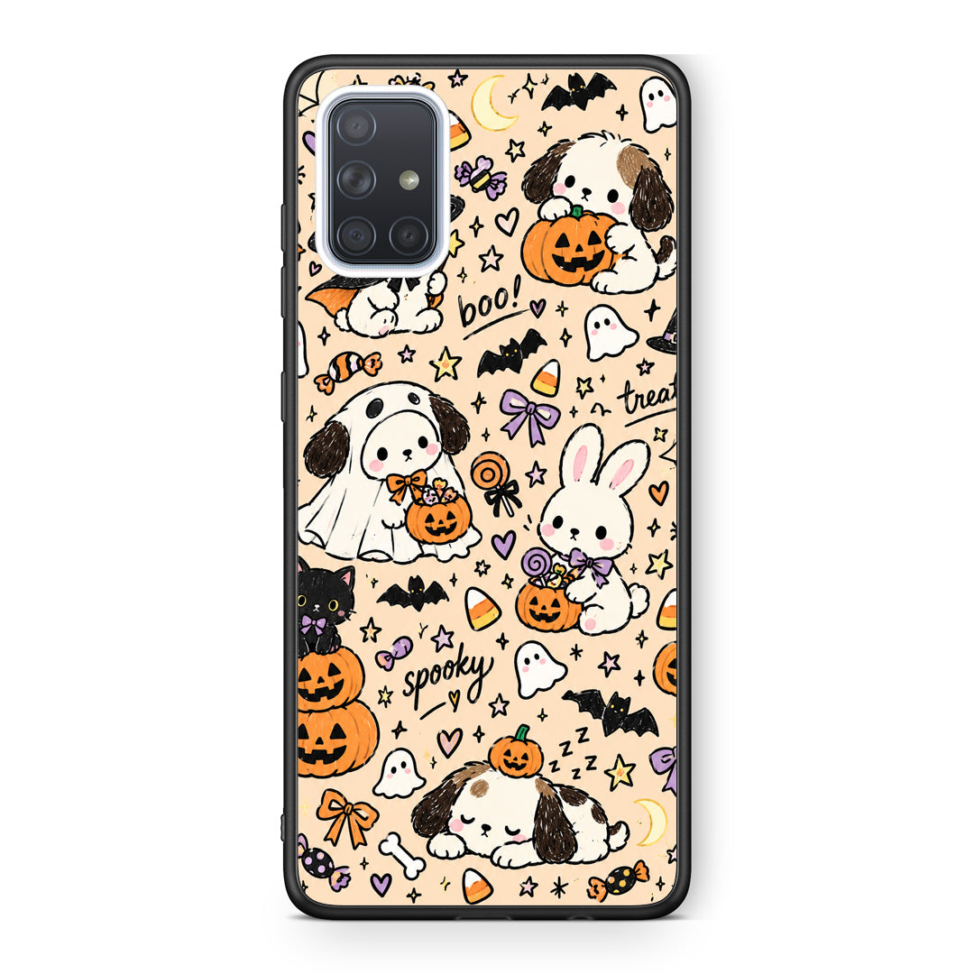 Θήκη Samsung Galaxy A71 Halloween Puppies and Friends on Cream από τη Smartfits με σχέδιο στο πίσω μέρος και μαύρο περίβλημα | Samsung Galaxy A71 Halloween Puppies and Friends on Cream case with colorful back and black bezels