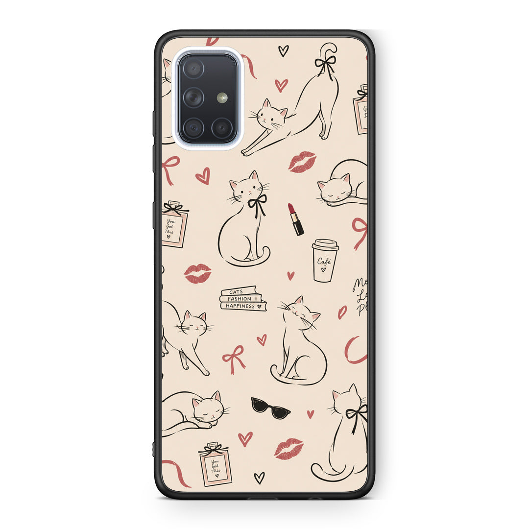 Θήκη Samsung Galaxy A71 Minimal Cat and Fashion Doodles on Cream από τη Smartfits με σχέδιο στο πίσω μέρος και μαύρο περίβλημα | Samsung Galaxy A71 Minimal Cat and Fashion Doodles on Cream case with colorful back and black bezels
