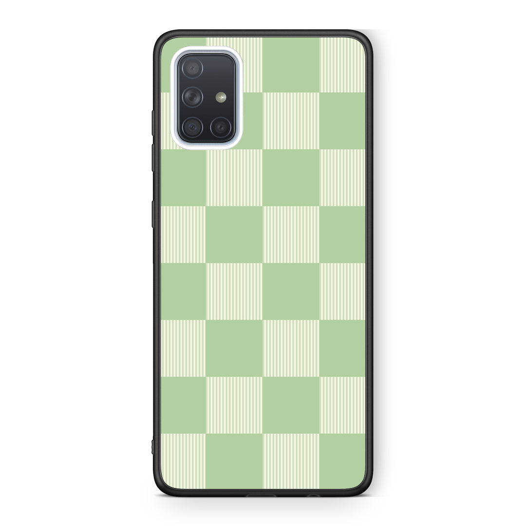 Θήκη Samsung Galaxy A71 Sage and Cream Striped Checks από τη Smartfits με σχέδιο στο πίσω μέρος και μαύρο περίβλημα | Samsung Galaxy A71 Sage and Cream Striped Checks case with colorful back and black bezels