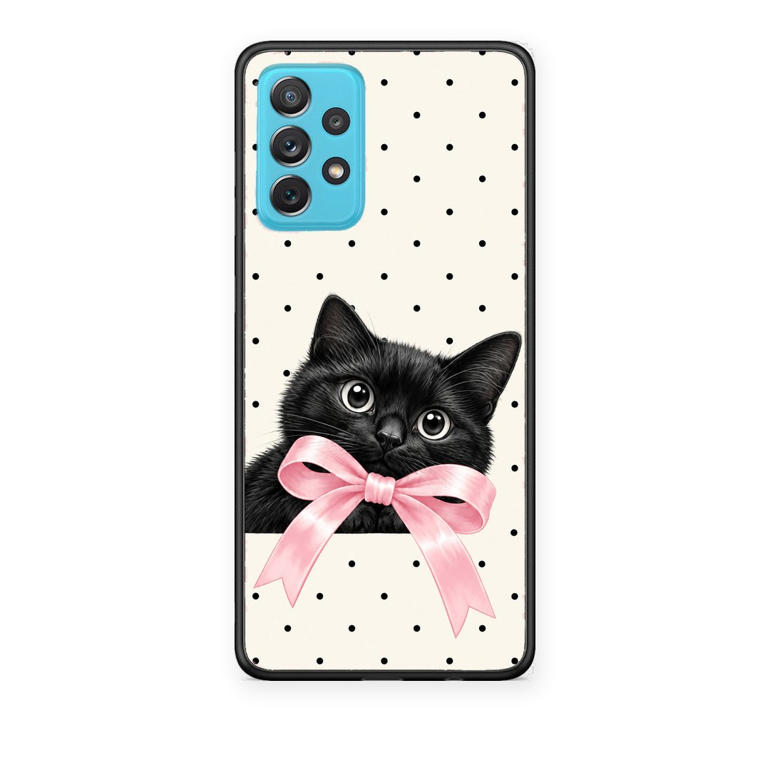 Θήκη Samsung Galaxy A72 Black Kitten Pink Bow and Polka Dots από τη Smartfits με σχέδιο στο πίσω μέρος και μαύρο περίβλημα | Samsung Galaxy A72 Black Kitten Pink Bow and Polka Dots case with colorful back and black bezels