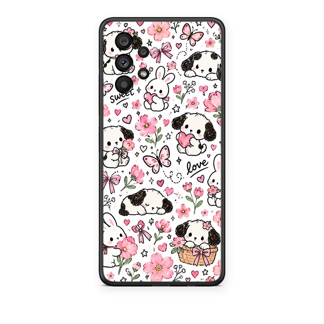 Θήκη Samsung Galaxy A73 5G Pink Florals Puppies and Bunnies on White από τη Smartfits με σχέδιο στο πίσω μέρος και μαύρο περίβλημα | Samsung Galaxy A73 5G Pink Florals Puppies and Bunnies on White case with colorful back and black bezels